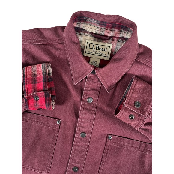L.L. Bean Other - LL Bean Mens Flannel Lined Canvas Field Jacket Burgundy Red Plaid Med Regular